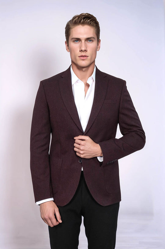 Men’s Deep Wine Burgundy Textured Slim Fit Single Breasted Smart-Casual Sport Blazer