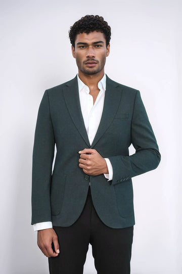 Men’s Forest Green Textured Slim Fit  Single Breasted Smart-Casual Sport Blazer