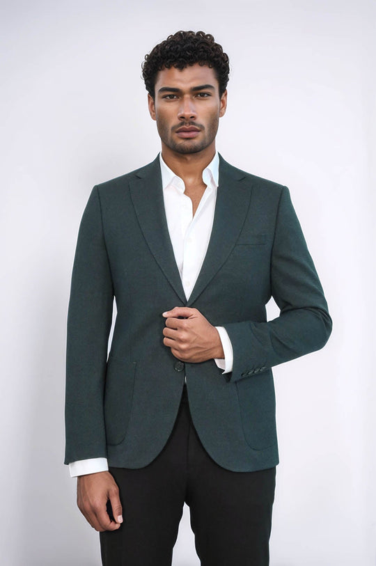 Men’s Forest Green Textured Slim Fit  Single Breasted Smart-Casual Sport Blazer