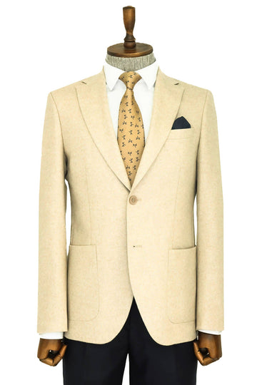 Men’s Cream Wool Slim Fit  Single Breasted Wide Lapel Smart-Casual Sport Blazer