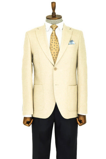Men’s Cream Wool Slim Fit  Single Breasted Wide Lapel Smart-Casual Sport Blazer