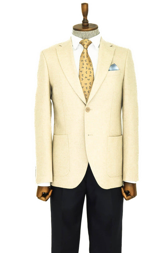 Men’s Cream Wool Slim Fit  Single Breasted Wide Lapel Smart-Casual Sport Blazer