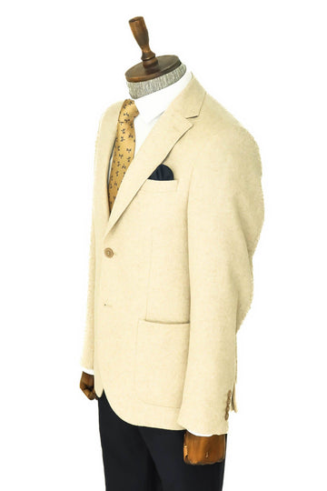 Men’s Cream Wool Slim Fit  Single Breasted Wide Lapel Smart-Casual Sport Blazer