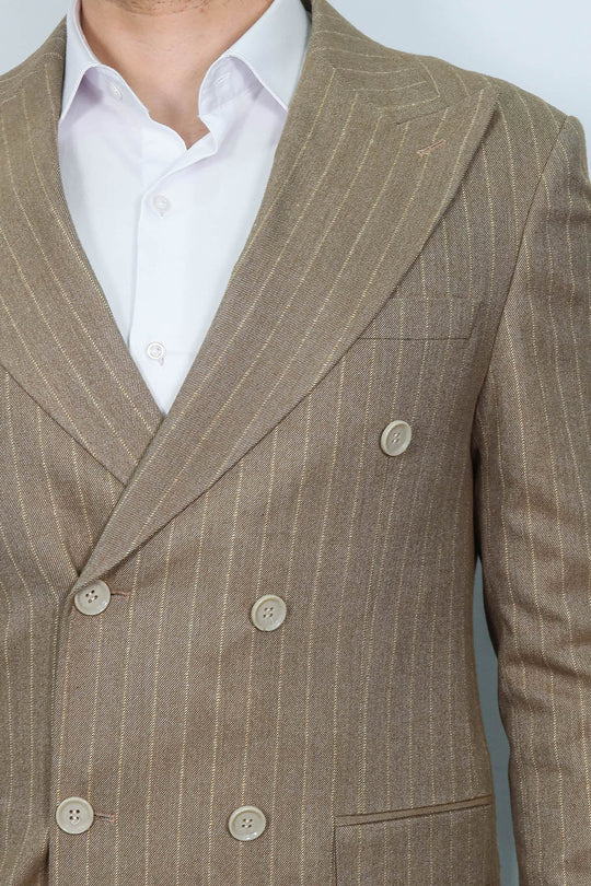 Men’s Light Brown Pinstripe Slim Fit Double-Breasted Peak Lapel Blazer