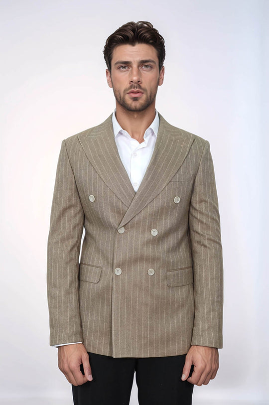 Men’s Light Brown Pinstripe Slim Fit Double-Breasted Peak Lapel Blazer