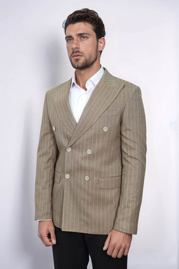 Men’s Light Brown Pinstripe Slim Fit Double-Breasted Peak Lapel Blazer