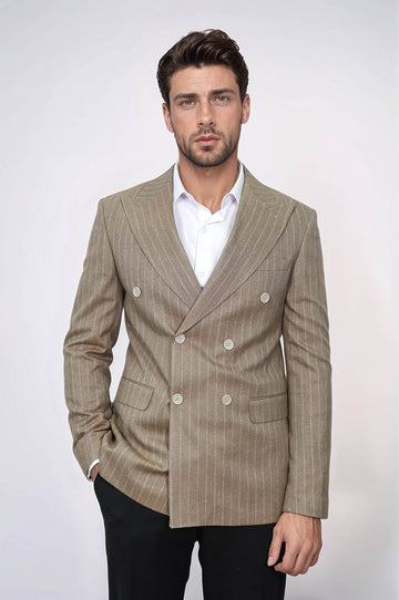 Men’s Light Brown Pinstripe Slim Fit Double-Breasted Peak Lapel Blazer