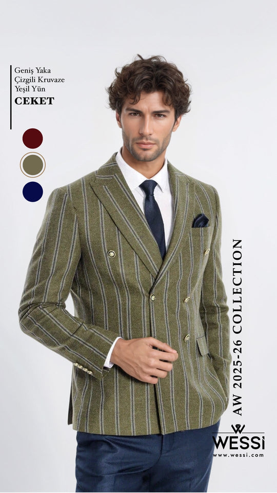 Men’s Forest Green Striped Slim Fit Double Breasted Peak Lapel Blazer