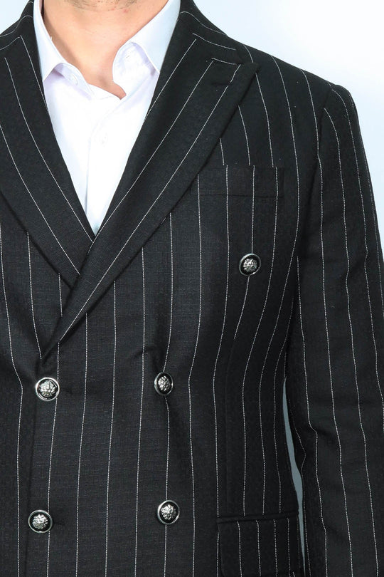 Men’s Midnight Black Bold Pinstripe Slim Fit Double-Breasted Peak Lapel Blazer