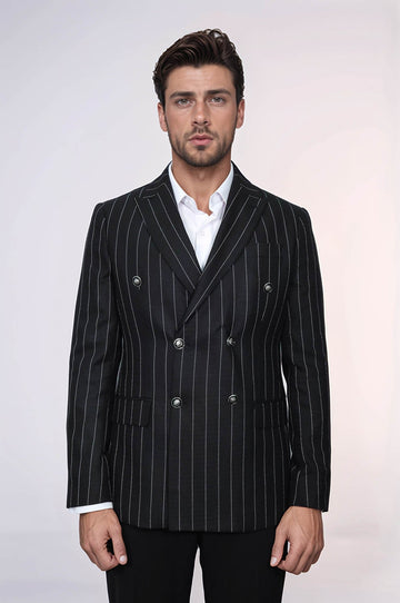 Men’s Midnight Black Bold Pinstripe Slim Fit Double-Breasted Peak Lapel Blazer
