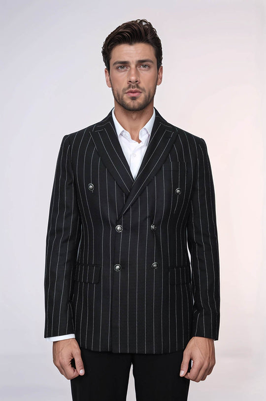 Men’s Midnight Black Bold Pinstripe Slim Fit Double-Breasted Peak Lapel Blazer
