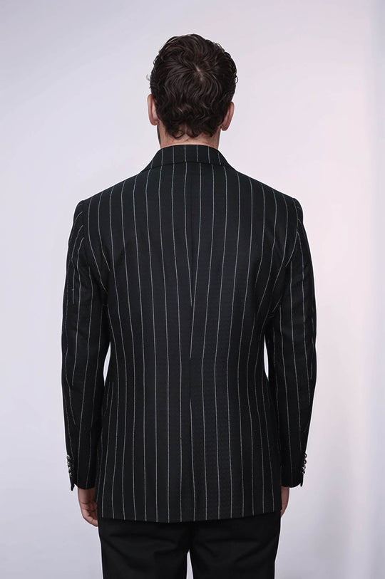 Men’s Midnight Black Bold Pinstripe Slim Fit Double-Breasted Peak Lapel Blazer