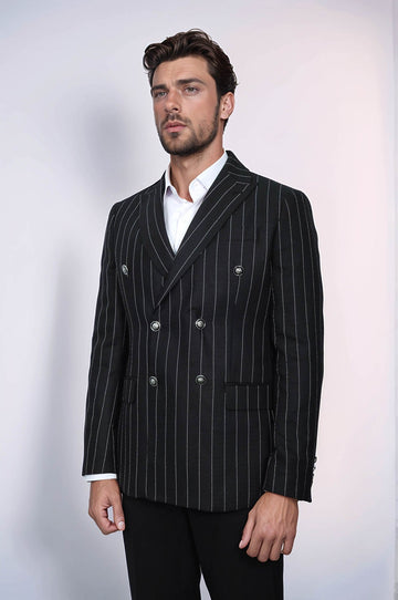 Men’s Midnight Black Bold Pinstripe Slim Fit Double-Breasted Peak Lapel Blazer