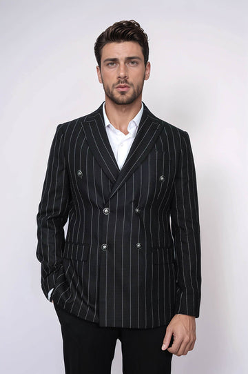 Men’s Midnight Black Bold Pinstripe Slim Fit Double-Breasted Peak Lapel Blazer