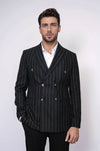 Men’s Midnight Black Bold Pinstripe Slim Fit Double-Breasted Peak Lapel Blazer