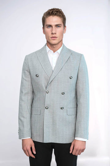 Men’s Light Grey Pinstripe Slim Fit Double-Breasted Peak Lapel Blazer