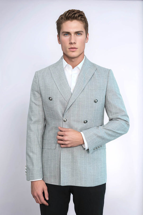 Men’s Light Grey Pinstripe Slim Fit Double-Breasted Peak Lapel Blazer