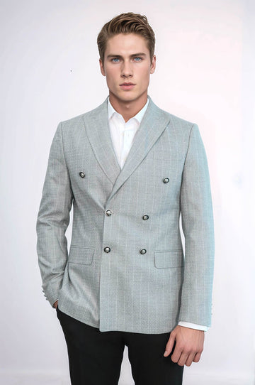 Men’s Light Grey Pinstripe Slim Fit Double-Breasted Peak Lapel Blazer