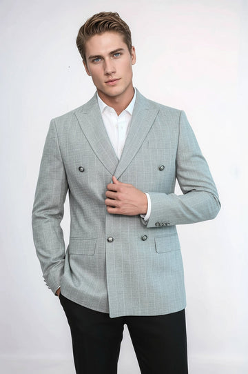 Men’s Light Grey Pinstripe Slim Fit Double-Breasted Peak Lapel Blazer