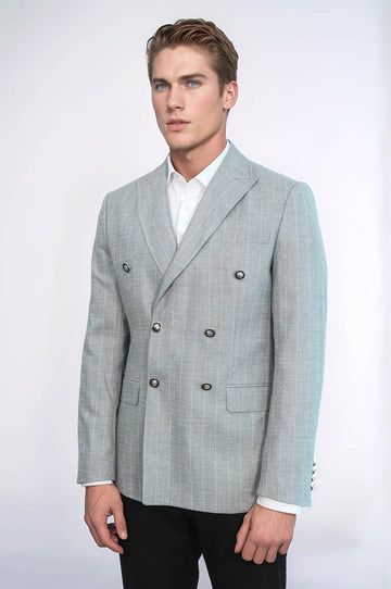 Men’s Light Grey Pinstripe Slim Fit Double-Breasted Peak Lapel Blazer