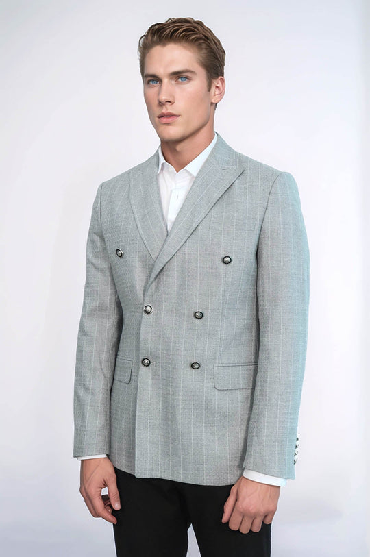 Men’s Light Grey Pinstripe Slim Fit Double-Breasted Peak Lapel Blazer