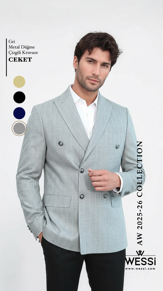 Men’s Light Grey Pinstripe Slim Fit Double-Breasted Peak Lapel Blazer