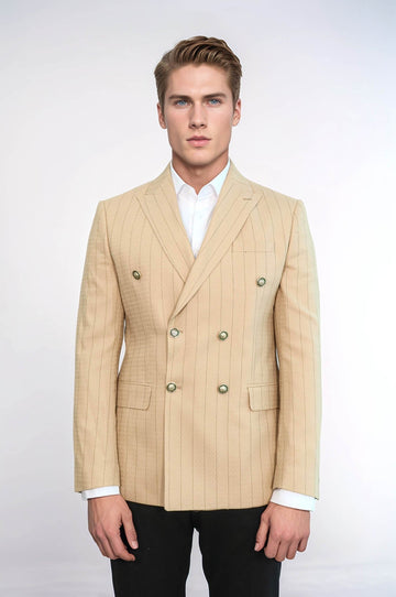 Men’s Cream & Tan Pinstripe Slim Fit Double-Breasted Peak Lapel Blazer