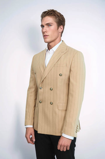 Men’s Cream & Tan Pinstripe Slim Fit Double-Breasted Peak Lapel Blazer