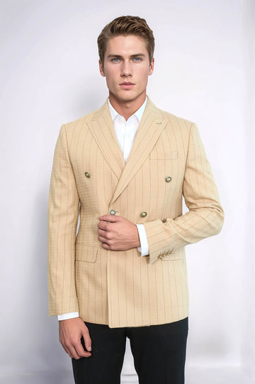 Men’s Cream & Tan Pinstripe Slim Fit Double-Breasted Peak Lapel Blazer