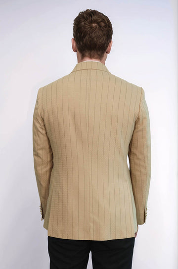 Men’s Cream & Tan Pinstripe Slim Fit Double-Breasted Peak Lapel Blazer