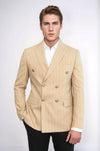 Men’s Cream & Tan Pinstripe Slim Fit Double-Breasted Peak Lapel Blazer