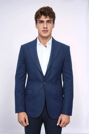 Men’s Dark Navy Patterned Slim Fit Single Breasted Smart-Casual Blazer