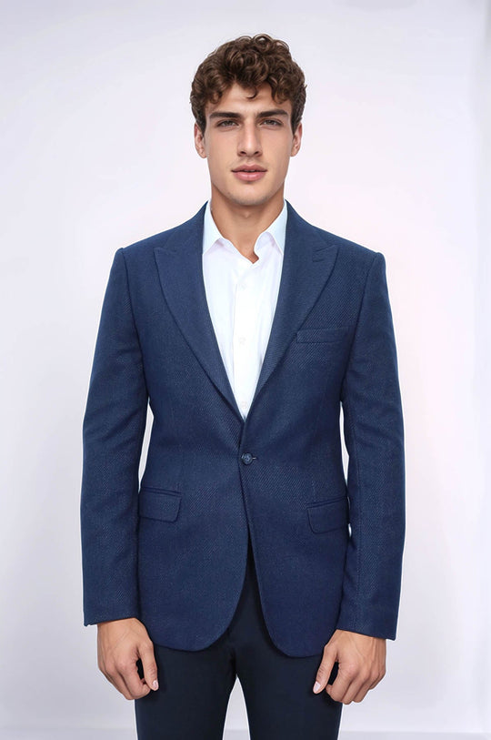 Men’s Dark Navy Patterned Slim Fit Single Breasted Smart-Casual Blazer
