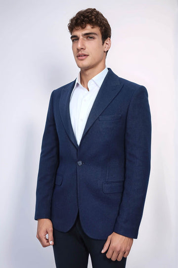 Men’s Dark Navy Patterned Slim Fit Single Breasted Smart-Casual Blazer