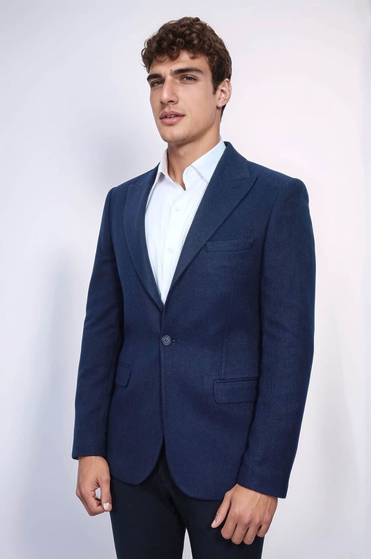 Men’s Dark Navy Patterned Slim Fit Single Breasted Smart-Casual Blazer