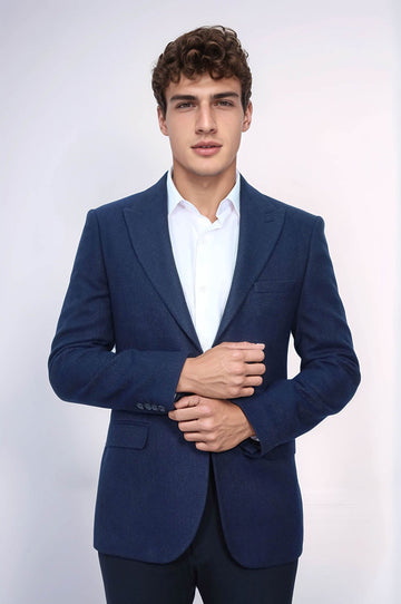Men’s Dark Navy Patterned Slim Fit Single Breasted Smart-Casual Blazer
