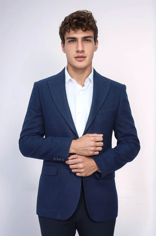 Men’s Dark Navy Patterned Slim Fit Single Breasted Smart-Casual Blazer
