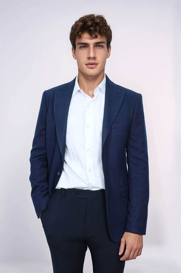 Men’s Dark Navy Patterned Slim Fit Single Breasted Smart-Casual Blazer