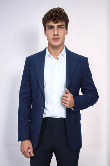 Men’s Dark Navy Patterned Slim Fit Single Breasted Smart-Casual Blazer