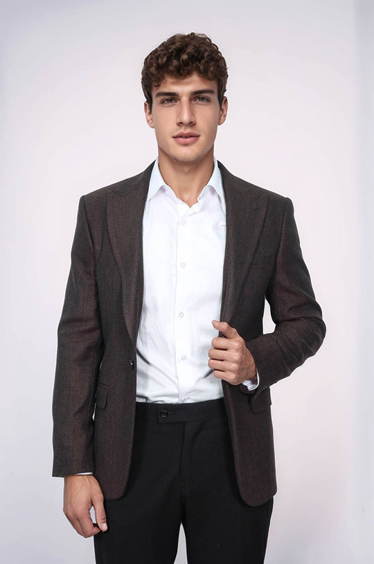 Men’s Espresso Textured Slim Fit Notch Lapel Sport Blazer