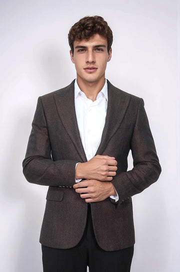 Men’s Espresso Textured Slim Fit Notch Lapel Sport Blazer