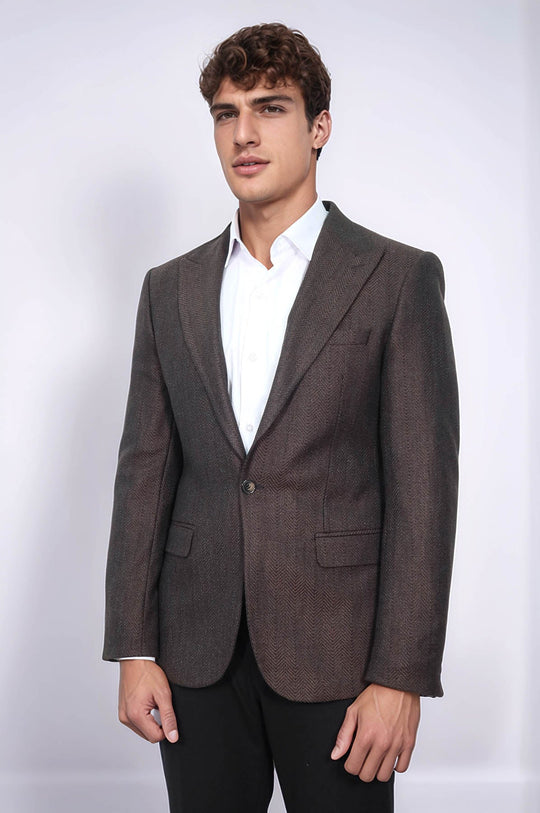 Men’s Espresso Textured Slim Fit Notch Lapel Sport Blazer