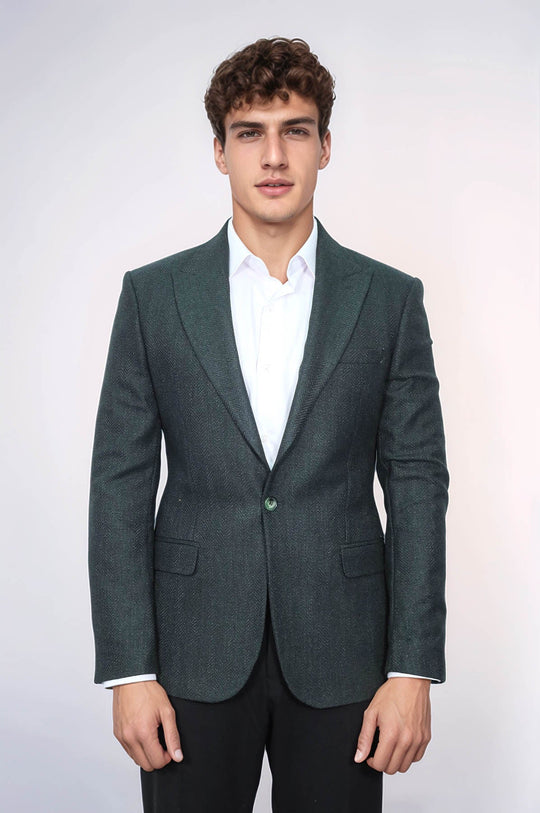 Men’s Dark Emerald Green Patterned Slim Fit Single Breasted Smart-Casual Blazer