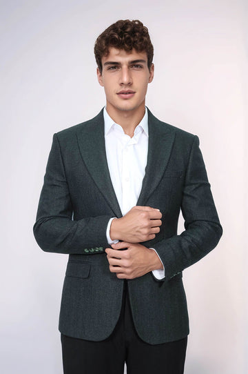 Men’s Dark Emerald Green Patterned Slim Fit Single Breasted Smart-Casual Blazer