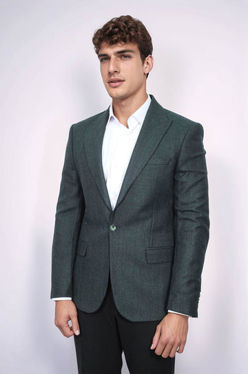 Men’s Dark Emerald Green Patterned Slim Fit Single Breasted Smart-Casual Blazer