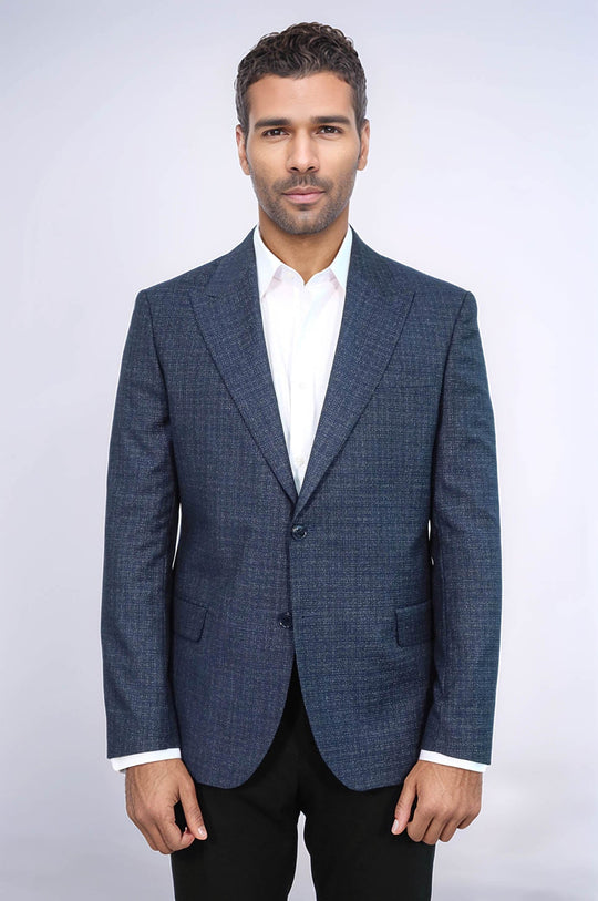 Men’s Navy Blue Micro-Patterned Slim Fit Wide Peak Lapel Blazer