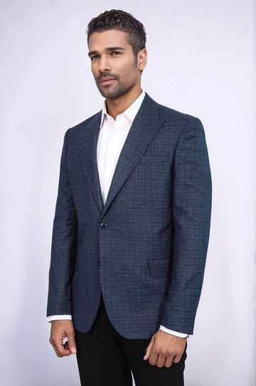 Men’s Navy Blue Micro-Patterned Slim Fit Wide Peak Lapel Blazer