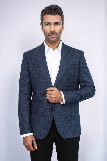 Men’s Navy Blue Micro-Patterned Slim Fit Wide Peak Lapel Blazer