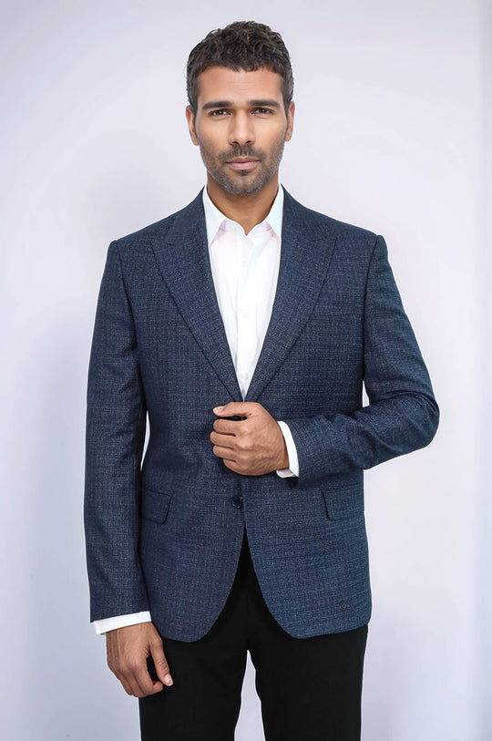 Men’s Navy Blue Micro-Patterned Slim Fit Wide Peak Lapel Blazer