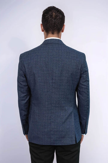 Men’s Navy Blue Micro-Patterned Slim Fit Wide Peak Lapel Blazer